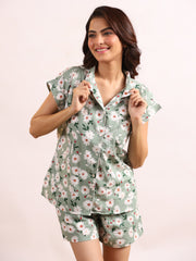 Women's Pure Cotton Green Floral Print Night Suits