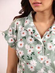 Women's Pure Cotton Green Floral Print Night Suits