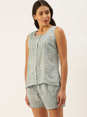 Women Grey And White Pure Soft Cotton Striped Night Suit  Shorts Set