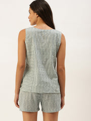 Women Grey And White Pure Soft Cotton Striped Night Suit  Shorts Set