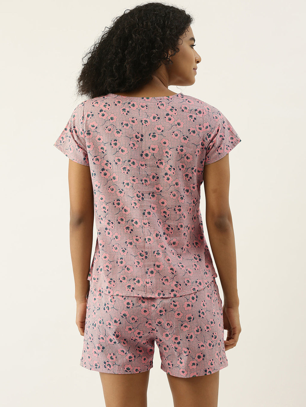 Women Pink With Green Floral Print Cotton Night Suit Set