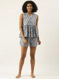 Women Grey Ethnic Motifs Printed Cotton Sleeveless Night Suit With Shorts