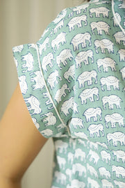 Women Green & White Elephant Printed Shirt With Shorts  Night Suit Set