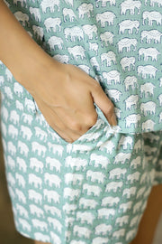 Women Green & White Elephant Printed Shirt With Shorts  Night Suit Set