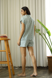 Women Green & White Elephant Printed Shirt With Shorts  Night Suit Set