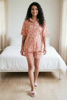 Brown Abstract Print Shirt Collar Pure Cotton Night Suit
