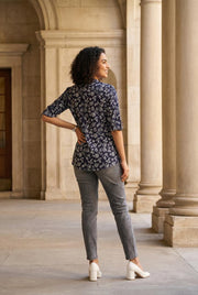 Black Floral Print Mandarin Collar Casual Shirt For Women