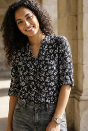 Black Floral Print Mandarin Collar Casual Shirt For Women