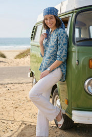 Teal Color Floral Print Cotton Shirt For Women