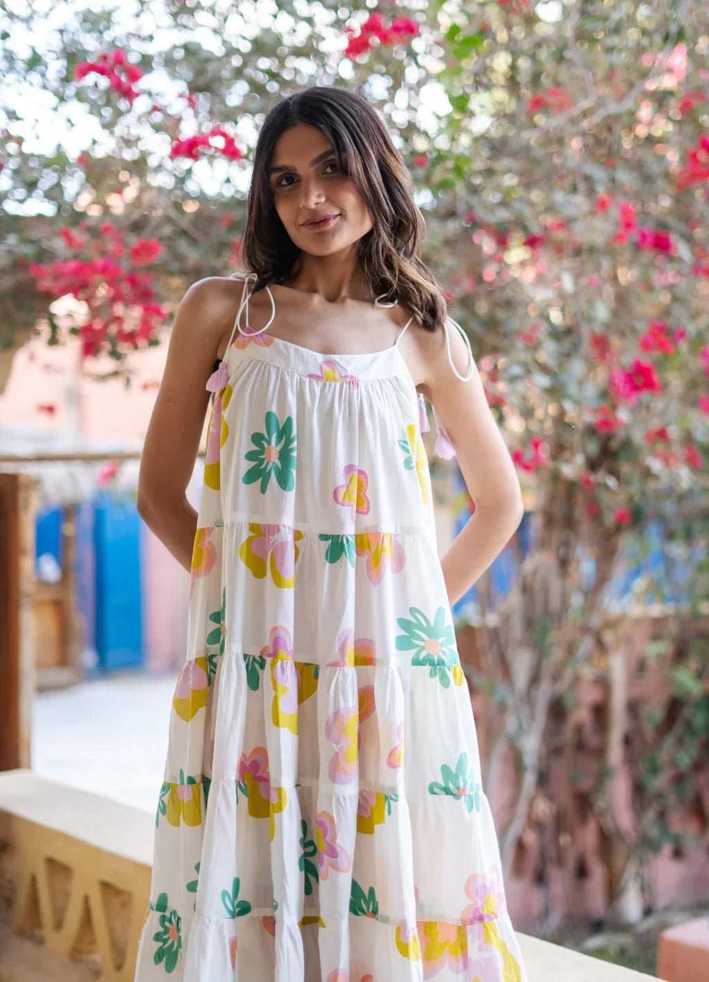 White Floral Printed Cotton Dress for Women - SanskrutiHomes 