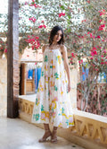 White Floral Printed Cotton Dress for Women - SanskrutiHomes 