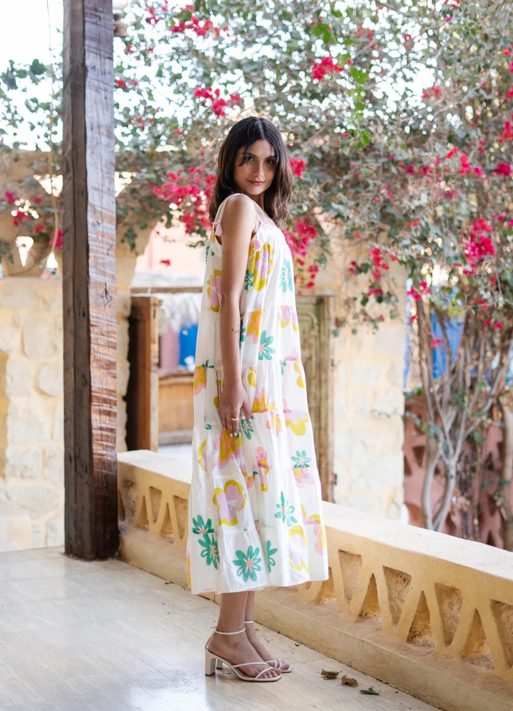 White Floral Printed Cotton Dress for Women - SanskrutiHomes 