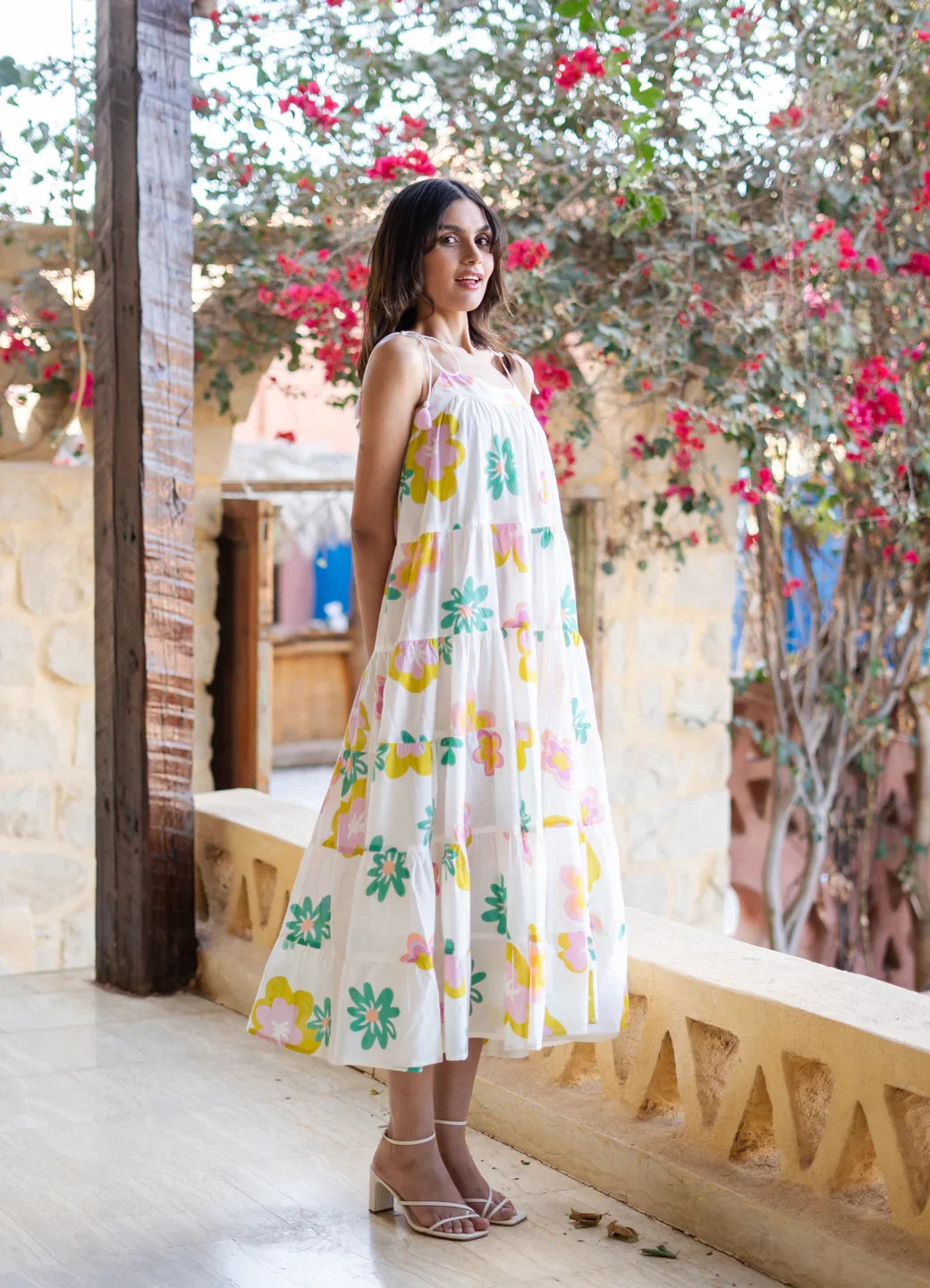 White Floral Printed Cotton Dress for Women - SanskrutiHomes 