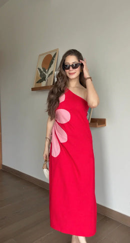 Red Floral Printed Dress for Women - SanskrutiHomes 