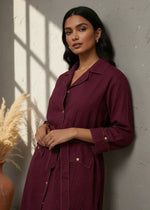 Maroon Solid Shirt Collar Dress Set For Women - SanskrutiHomes 