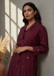 Maroon Solid Shirt Collar Dress Set For Women - SanskrutiHomes 