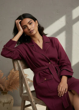 Maroon Solid Shirt Collar Dress Set For Women - SanskrutiHomes 