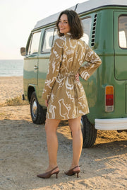 Olive Shirt Collar Abstract Print Cotton Dress For Women