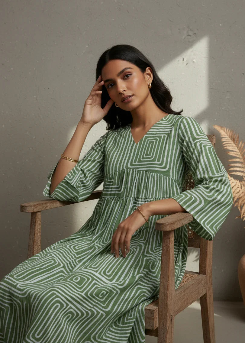 Off White Geometric Print V-Neck Dress for women - SanskrutiHomes 