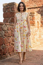 Peach Round Neck Print Cotton Dress For Women