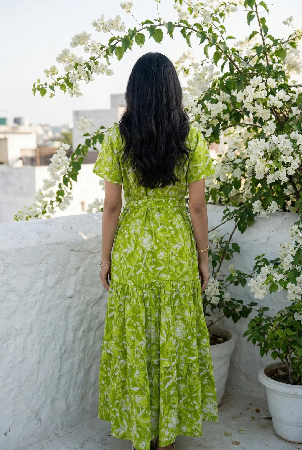 Green Floral Print Shirt Collar Flared Dress for Women - SanskrutiHomes 