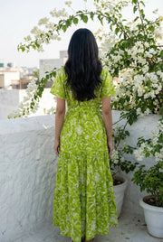 Green Floral Print Shirt Collar Flared Dress for Women - SanskrutiHomes 