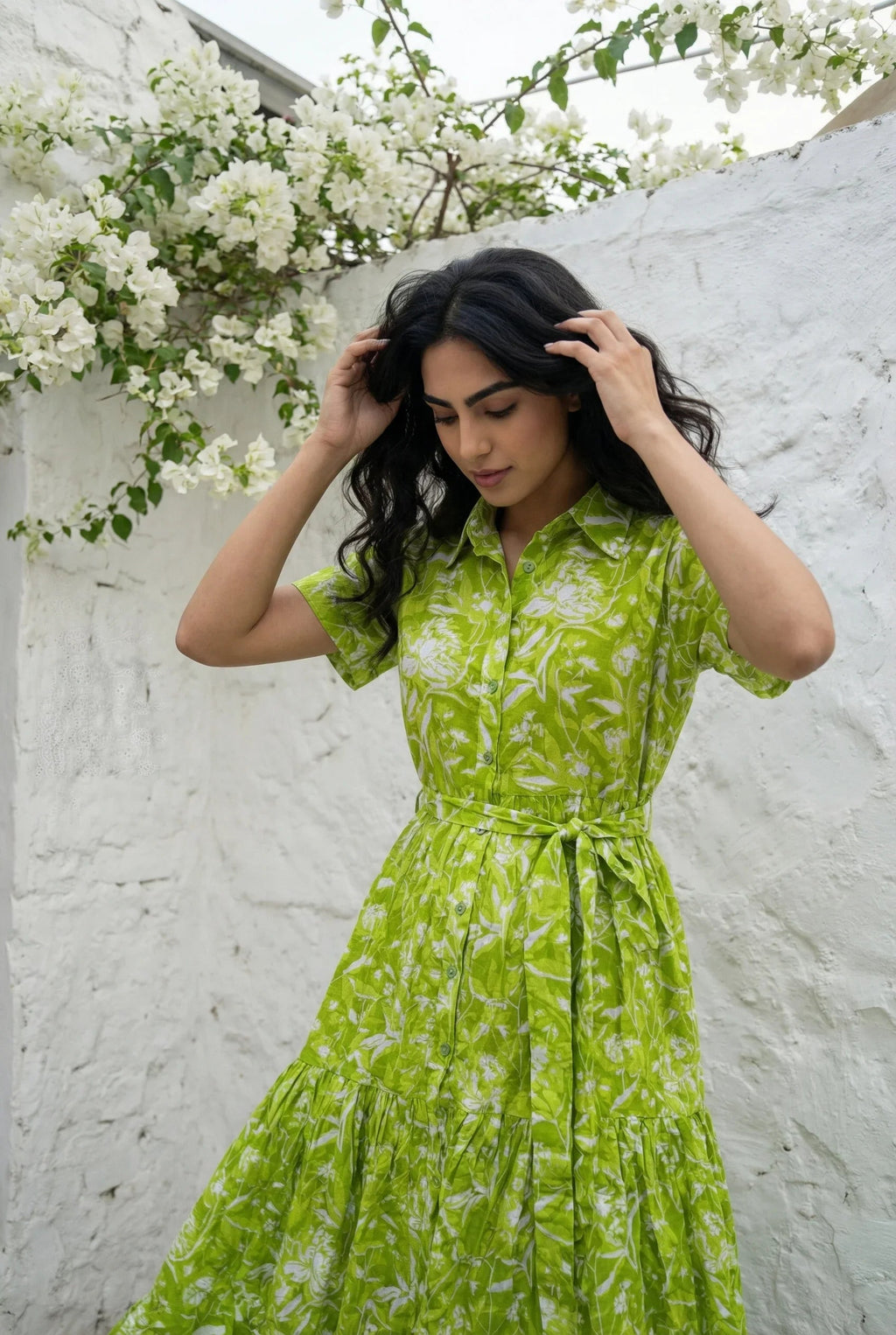Green Floral Print Shirt Collar Flared Dress for Women - SanskrutiHomes 