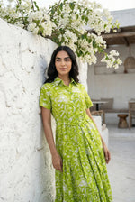 Green Floral Print Shirt Collar Flared Dress for Women - SanskrutiHomes 