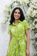 Green Floral Print Shirt Collar Flared Dress for Women - SanskrutiHomes 