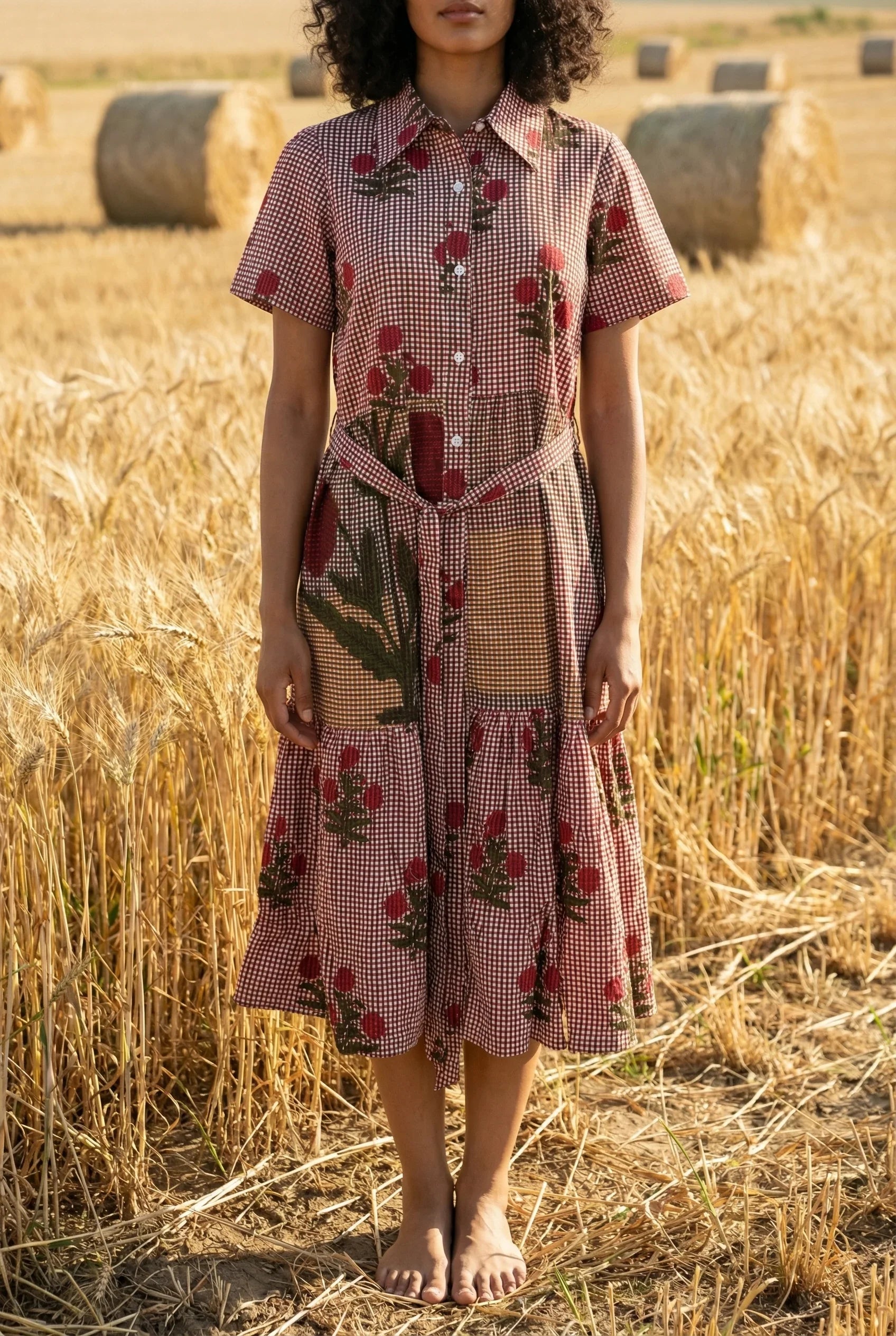 Red Floral Print Shirt Collar Cotton Dress for Women - SanskrutiHomes 