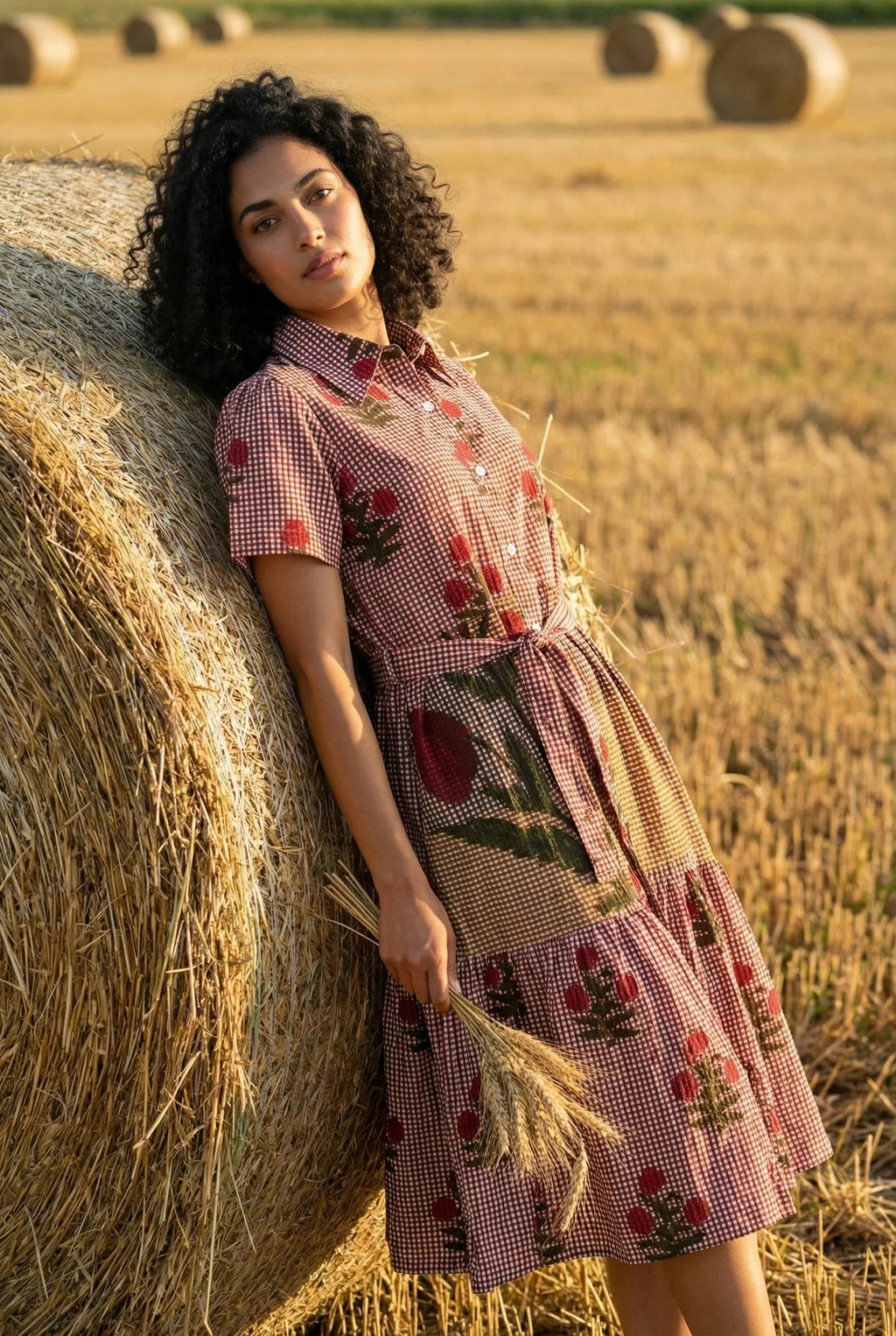 Red Floral Print Shirt Collar Cotton Dress for Women - SanskrutiHomes 