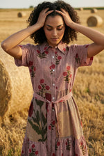 Red Floral Print Shirt Collar Cotton Dress for Women - SanskrutiHomes 