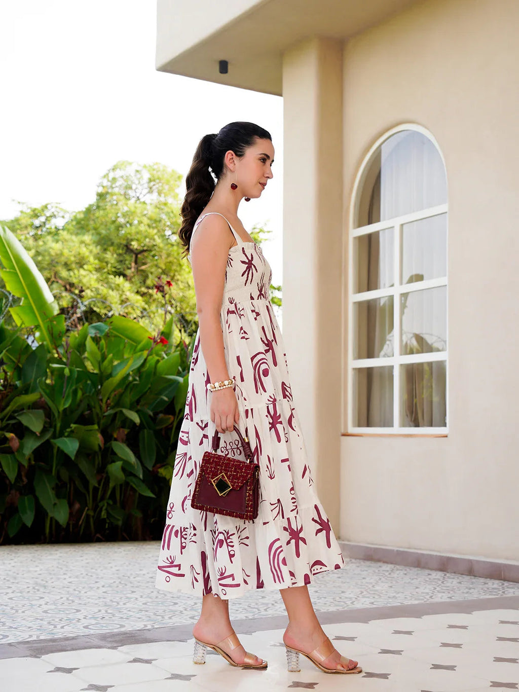 Off White Cotton Square Neck Printed Dress For Women - SanskrutiHomes 