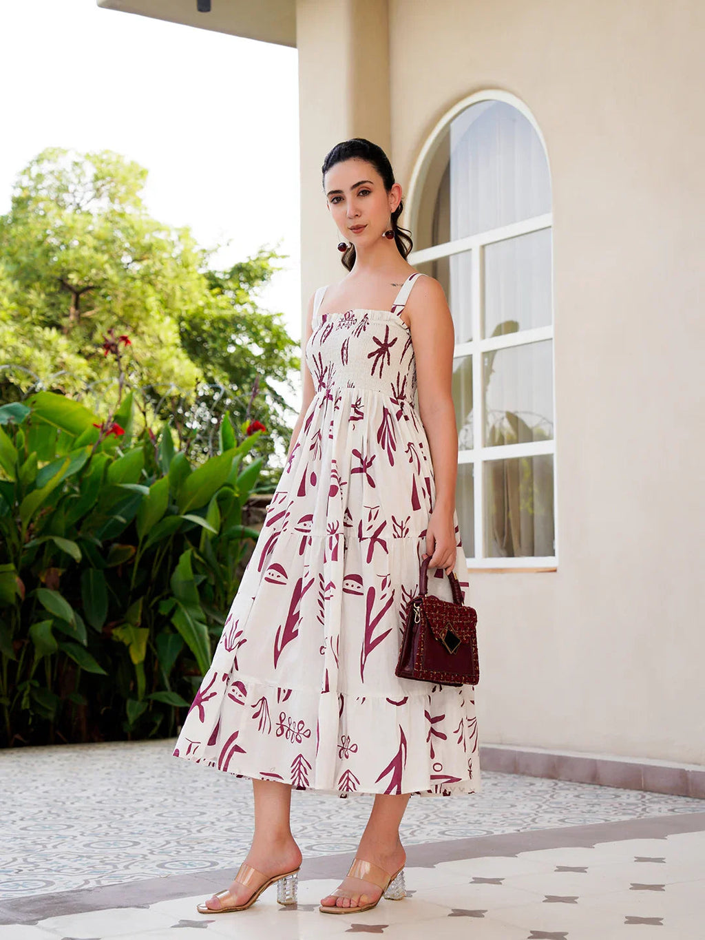 Off White Cotton Square Neck Printed Dress For Women - SanskrutiHomes 