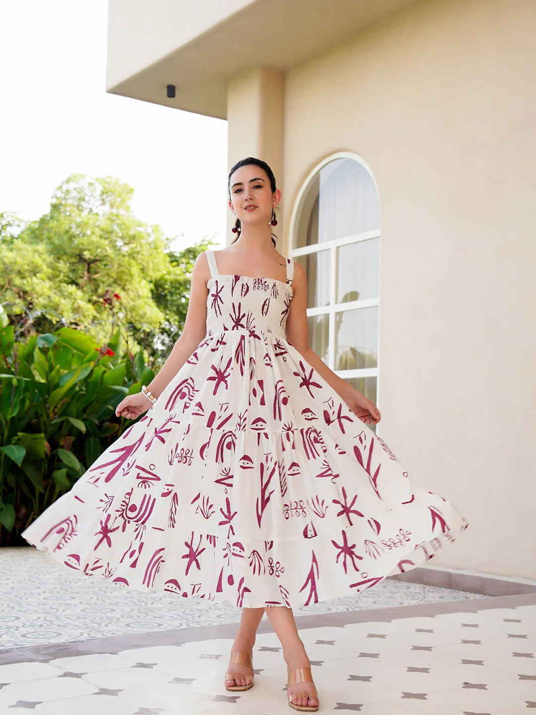 Off White Cotton Square Neck Printed Dress For Women - SanskrutiHomes 