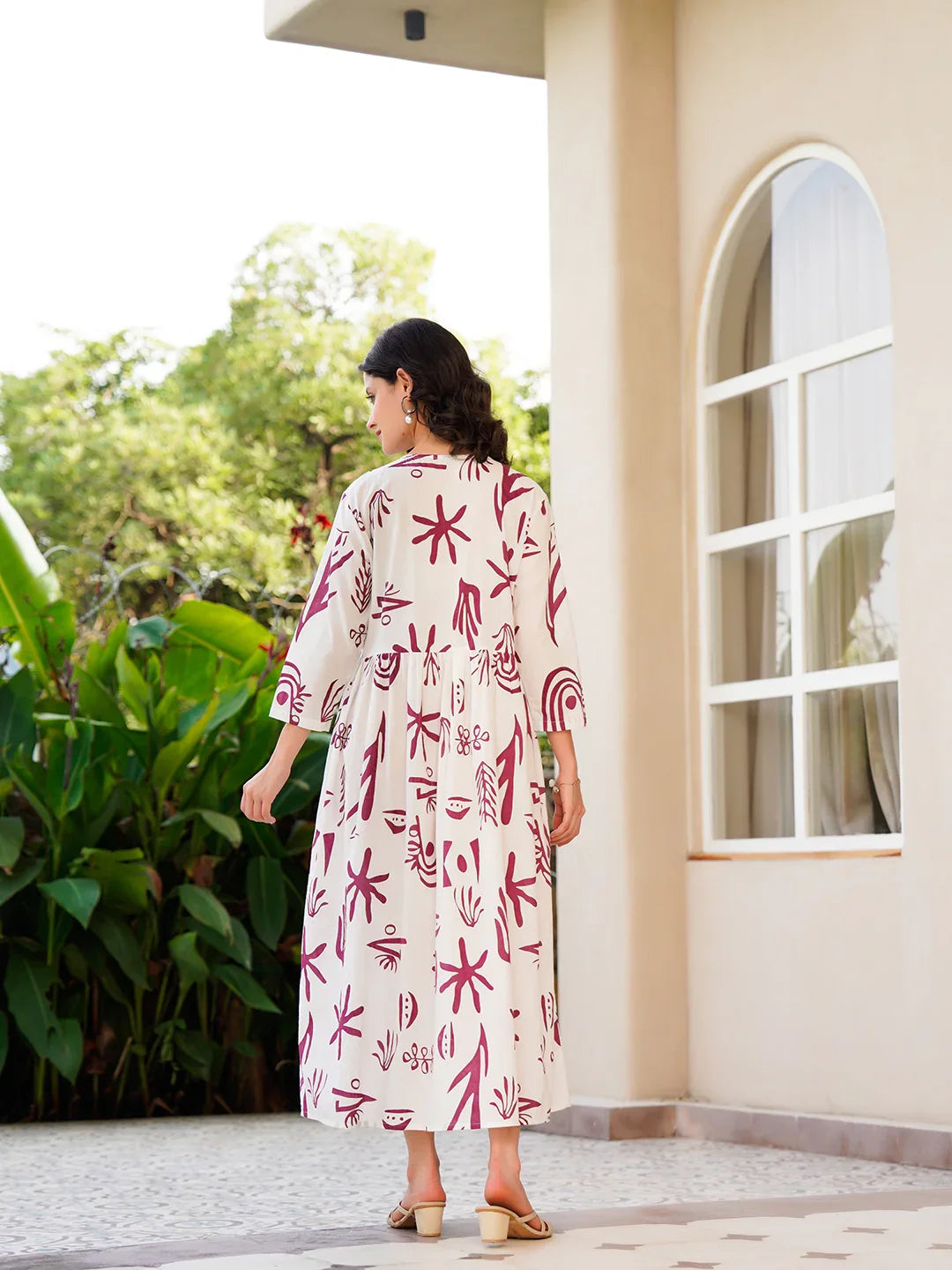 Off White Cotton Printed Shirt Collar Dress for Women - SanskrutiHomes 
