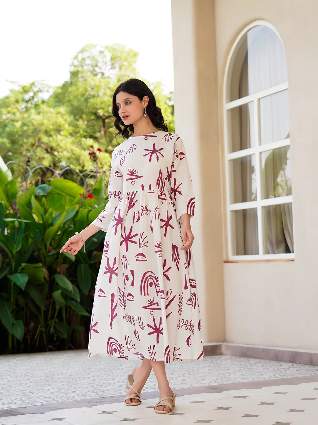 Off White Cotton Printed Shirt Collar Dress for Women - SanskrutiHomes 