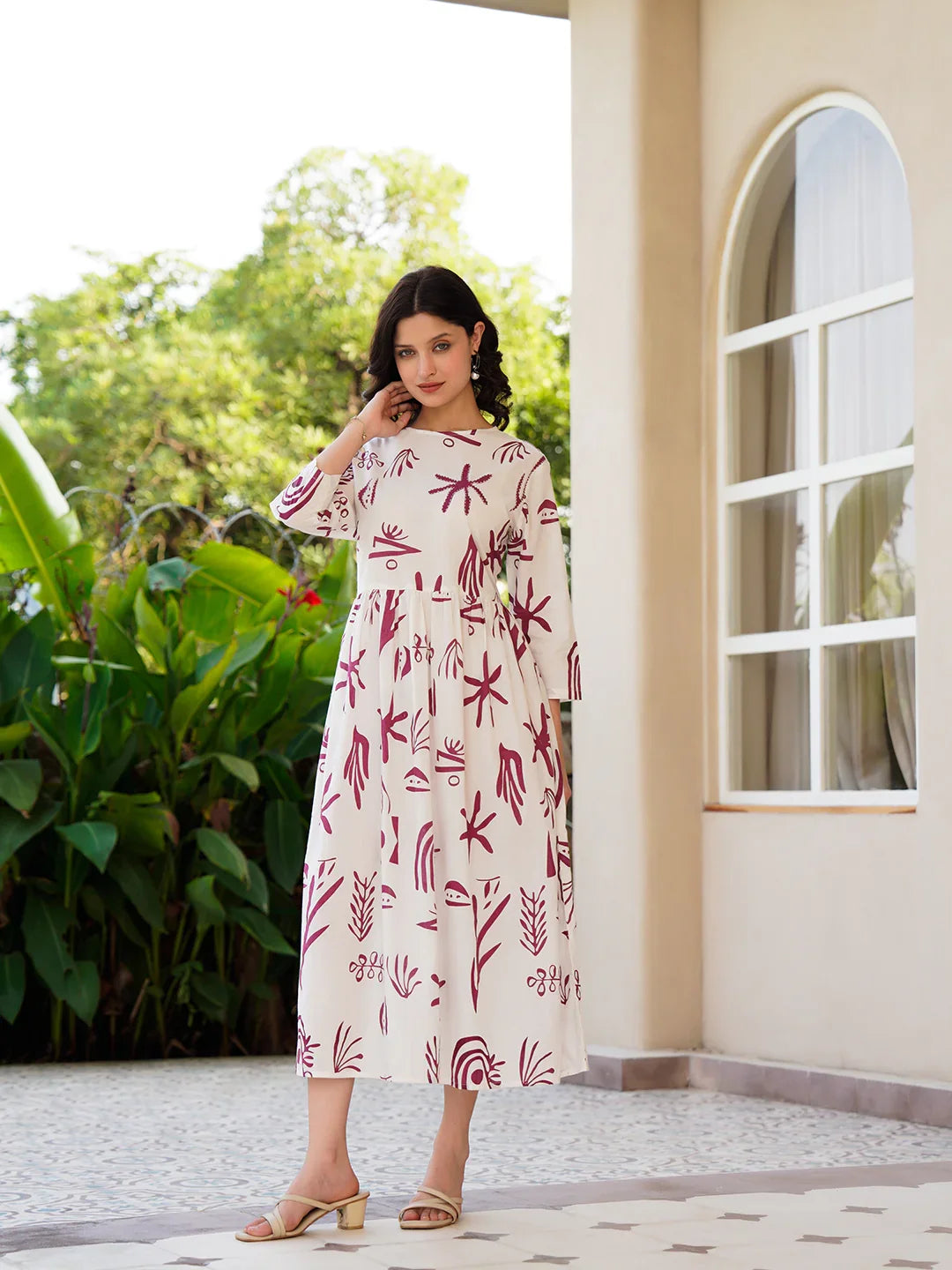 Off White Cotton Printed Shirt Collar Dress for Women - SanskrutiHomes 