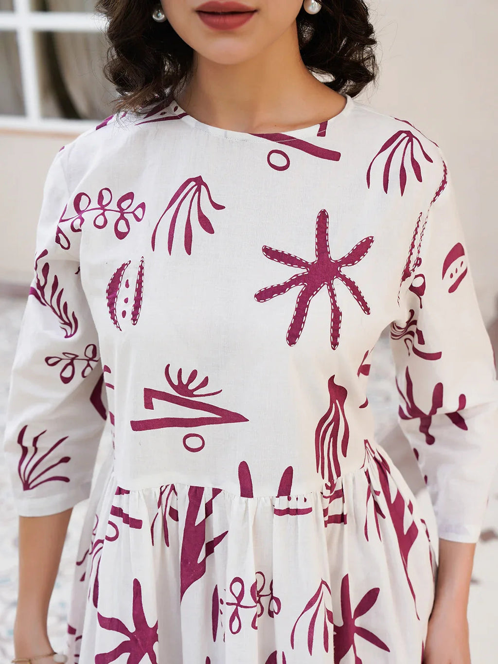 Off White Cotton Printed Shirt Collar Dress for Women - SanskrutiHomes 