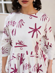 Off White Cotton Printed Shirt Collar Dress For Women