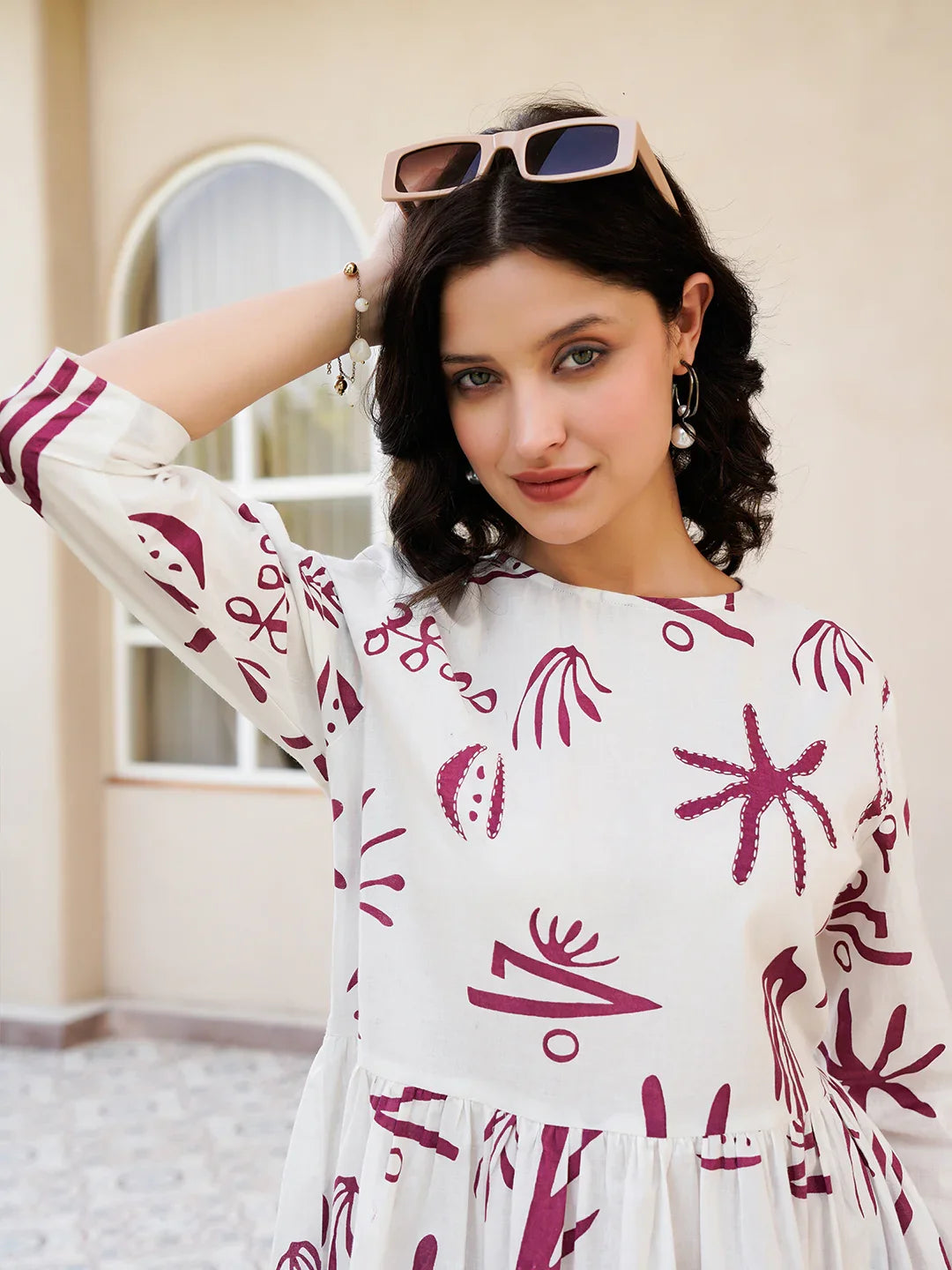 Off White Cotton Printed Shirt Collar Dress for Women - SanskrutiHomes 