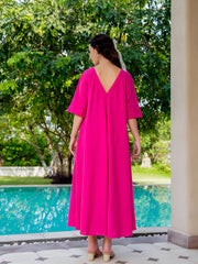 Pink Cotton Solid V-Neck Dress For Women