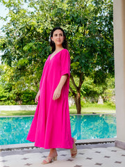 Pink Cotton Solid V-Neck Dress For Women