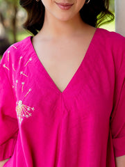 Pink Cotton Solid V-Neck Dress For Women