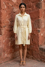 Cream Solid Cotton Shirt Collar Flared Cotton Dress for Women - SanskrutiHomes 