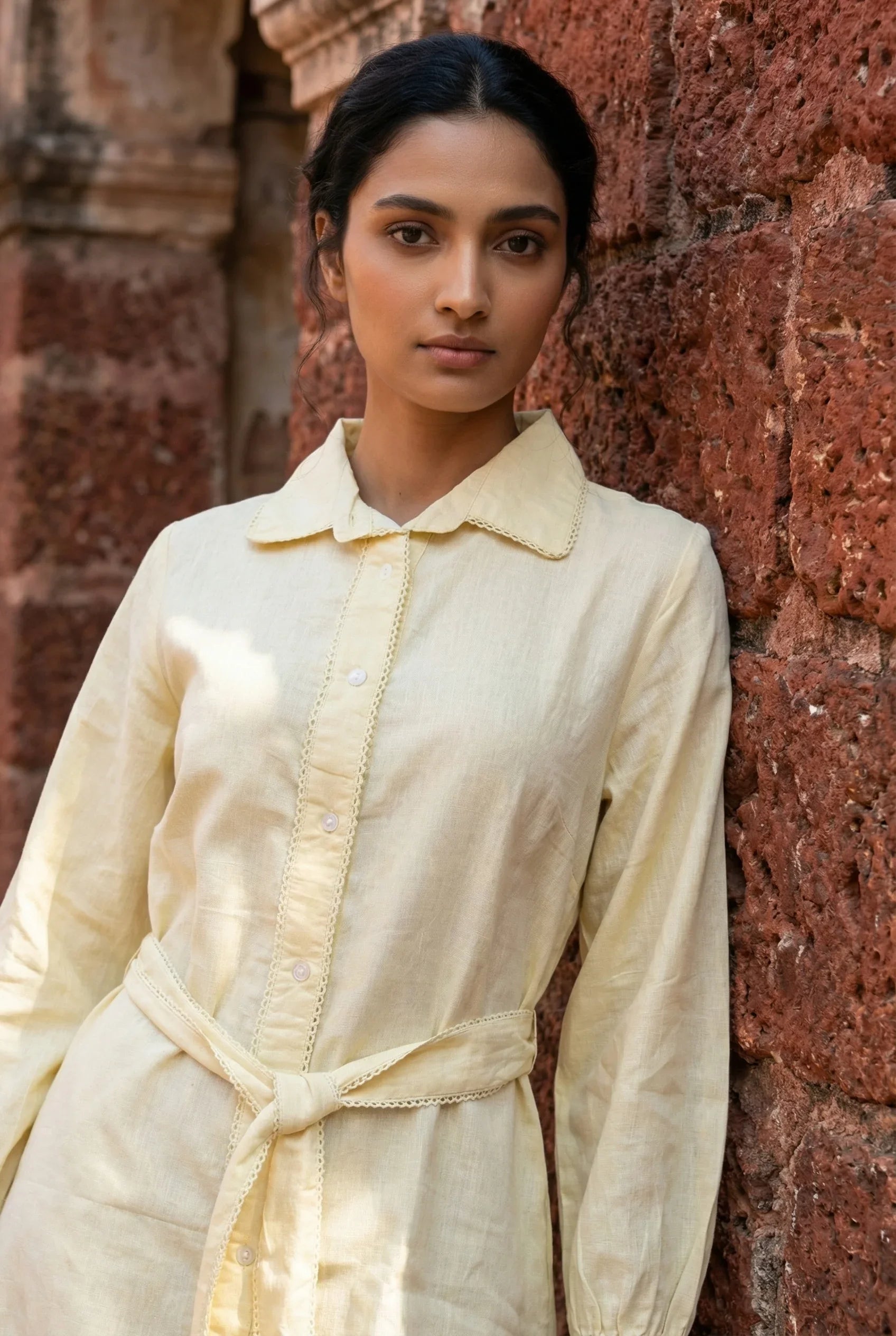 Cream Solid Cotton Shirt Collar Flared Cotton Dress for Women - SanskrutiHomes 
