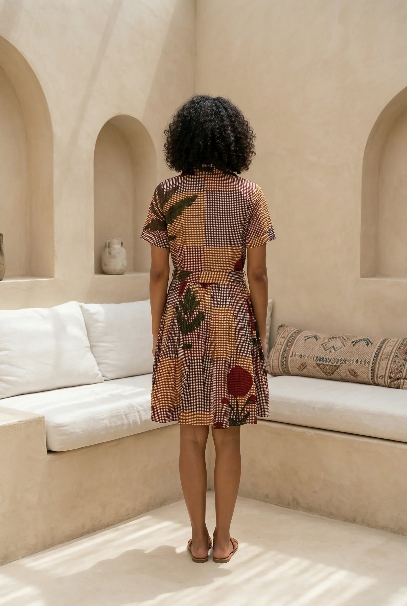 Red Floral Check Print Shirt Collar Cotton Midi Dress for Women - SanskrutiHomes 