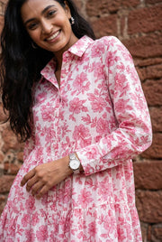 Pink Floral Print Shirt Collar Full Sleeve Dress For Women