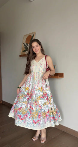 White Printed Sleeveless Dress for Women - SanskrutiHomes 