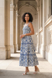 Blue Square Neck Printed Dress For Women